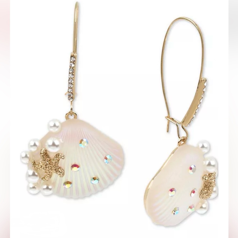 Betsey Johnson Gold-Tone Pavé & Imitation Pearl Seashell Linear Drop Earrings